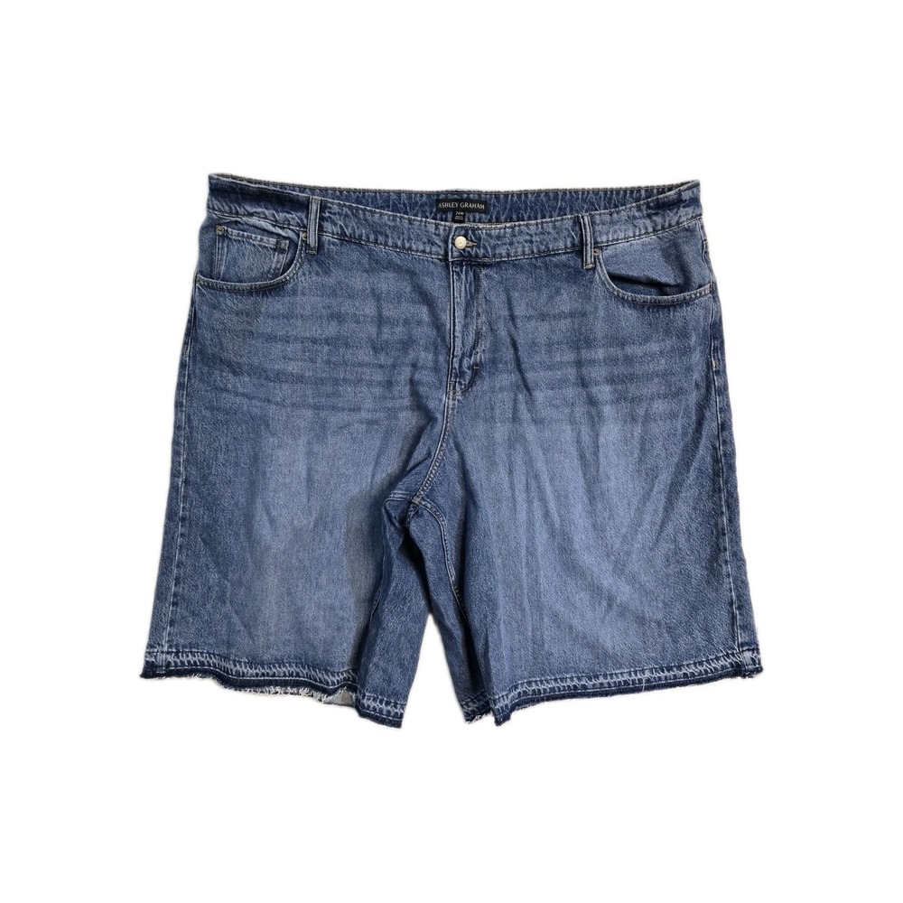 Ashley Graham Shorts Women's  Plus 24W Blue Wide-Leg Raw Hem